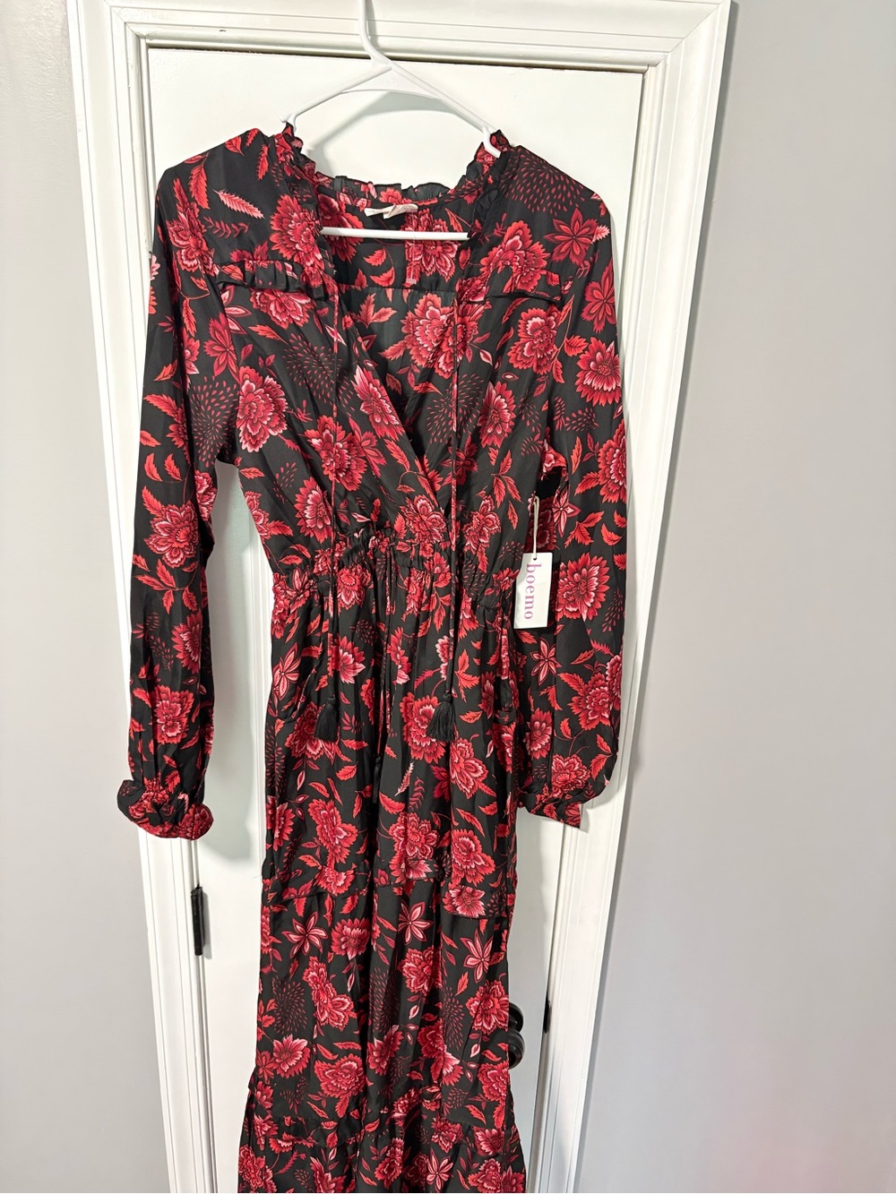Long Sleeve Black Maxi Dress with Red Floral Print